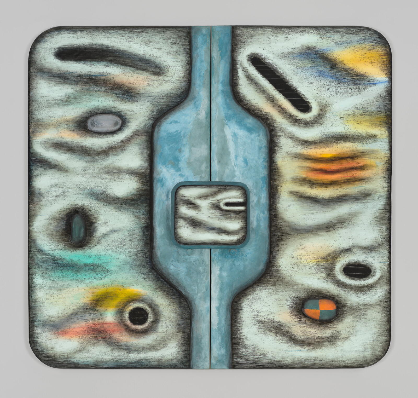 A textured abstract painting with a symmetrical design, featuring a central vertical blue stripe flanked by muted tones of black, gray, and hints of yellow and orange. The composition includes various organic shapes and indentations, with a prominent square feature in the center that mirrors the surrounding patterns. The corners of the canvas are rounded.