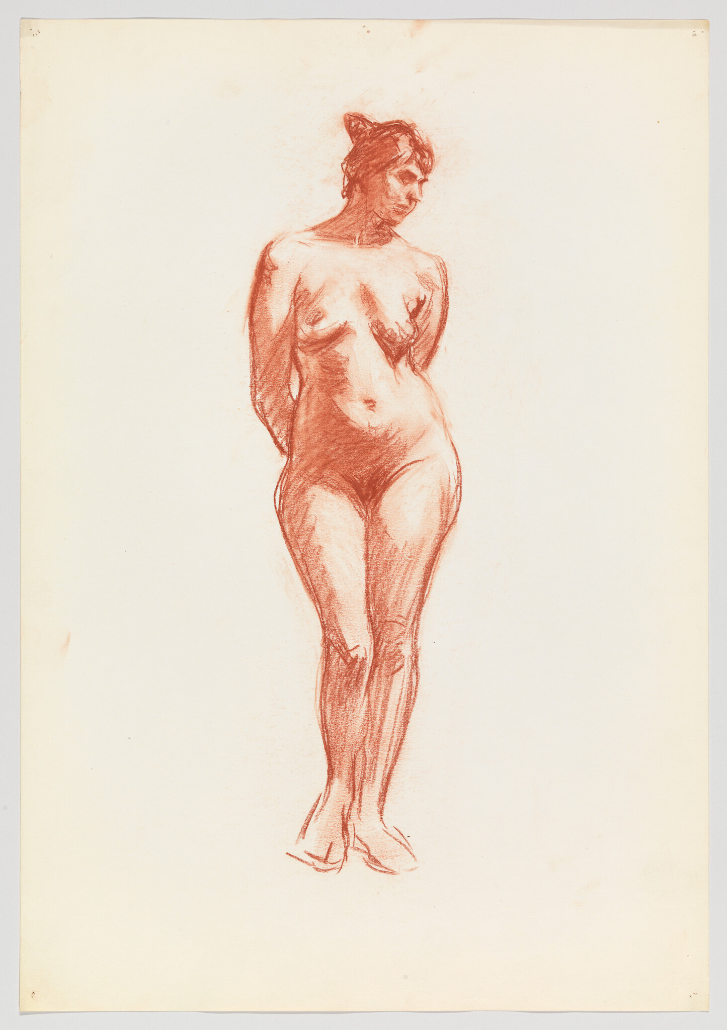 A red chalk sketch of a standing nude woman with her hands behind her back.