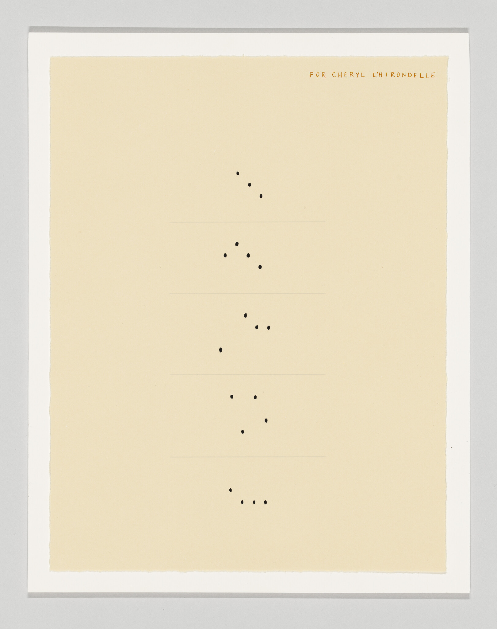 Beige sheet with vertical groups of small black dots and faint horizontal guide lines.