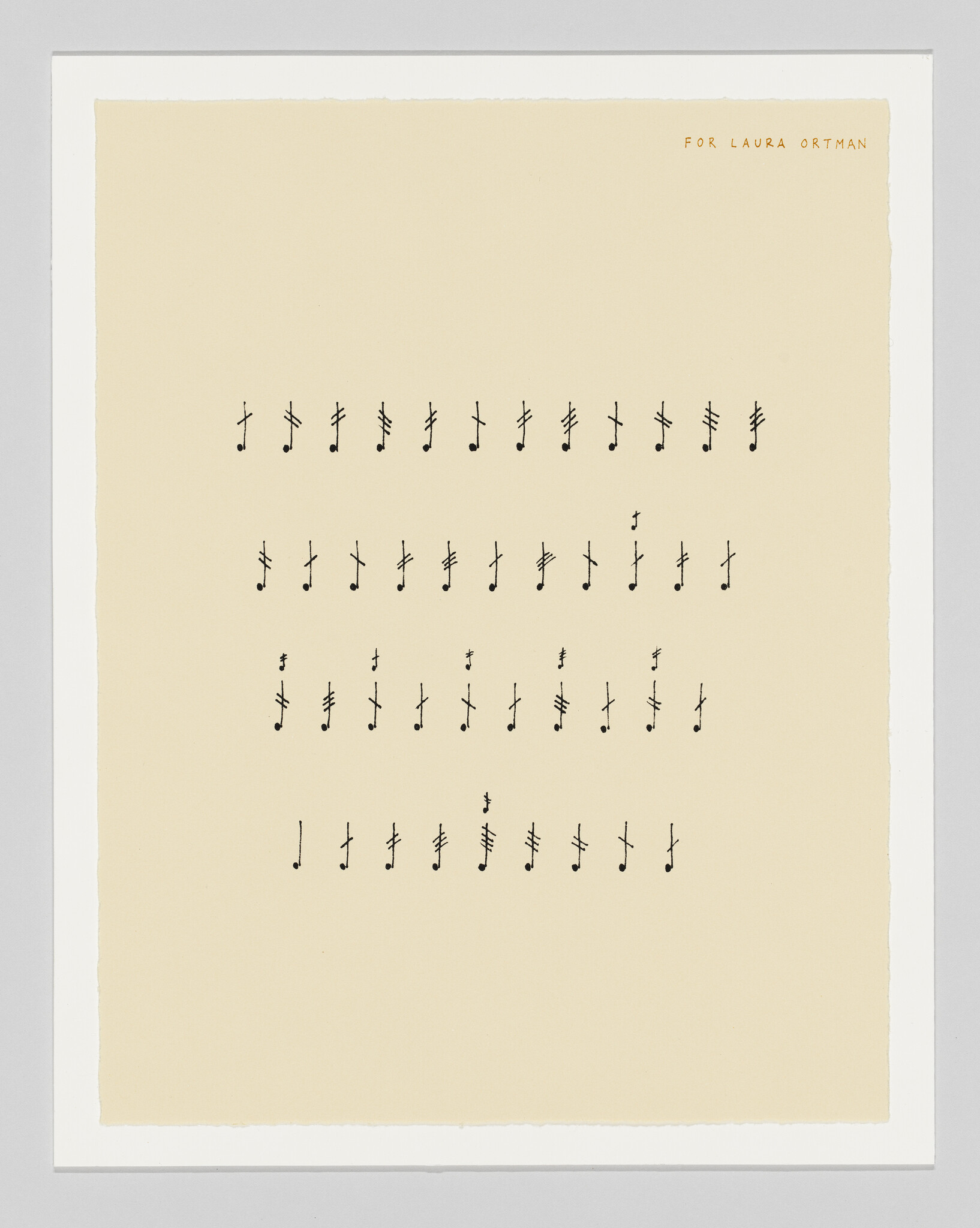 A beige sheet showing rows of small black musical note-style marks and symbols.