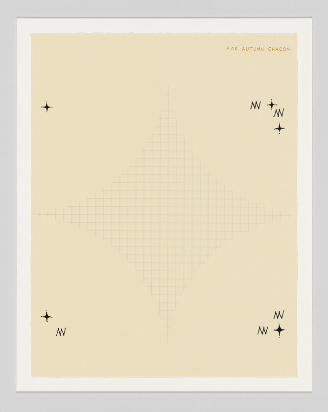 Beige poster with a faint diamond grid pattern, compass stars in corners, and small dedication text.
