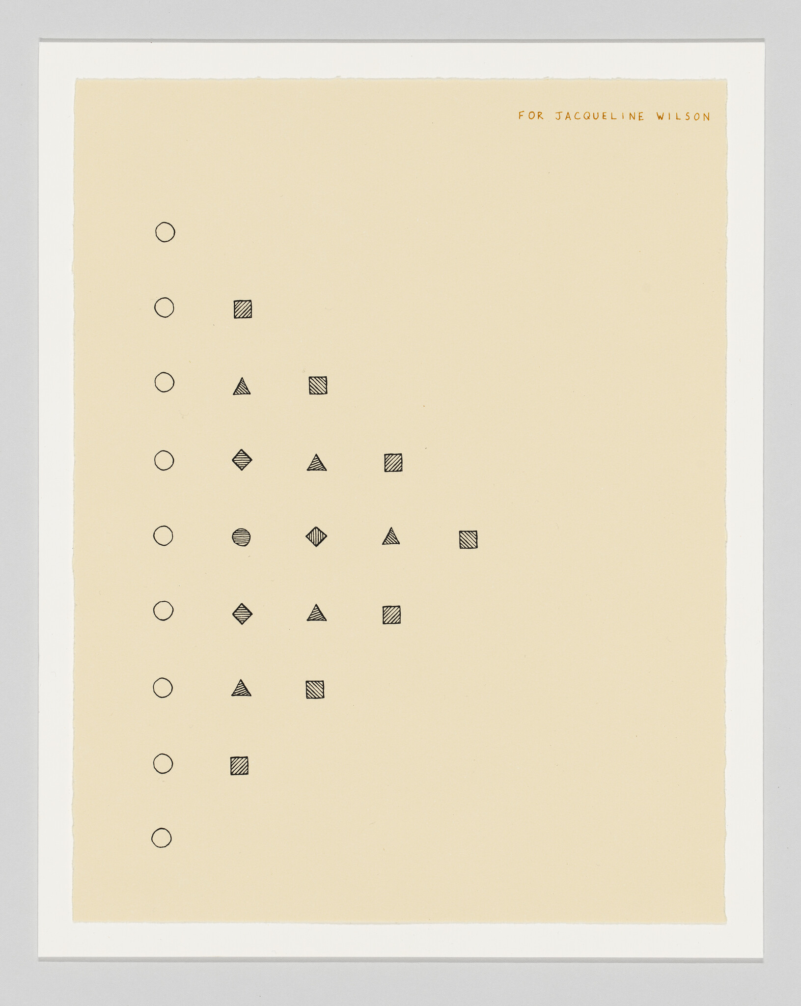 Beige sheet with a vertical row of empty circles and staggered small geometric shapes.