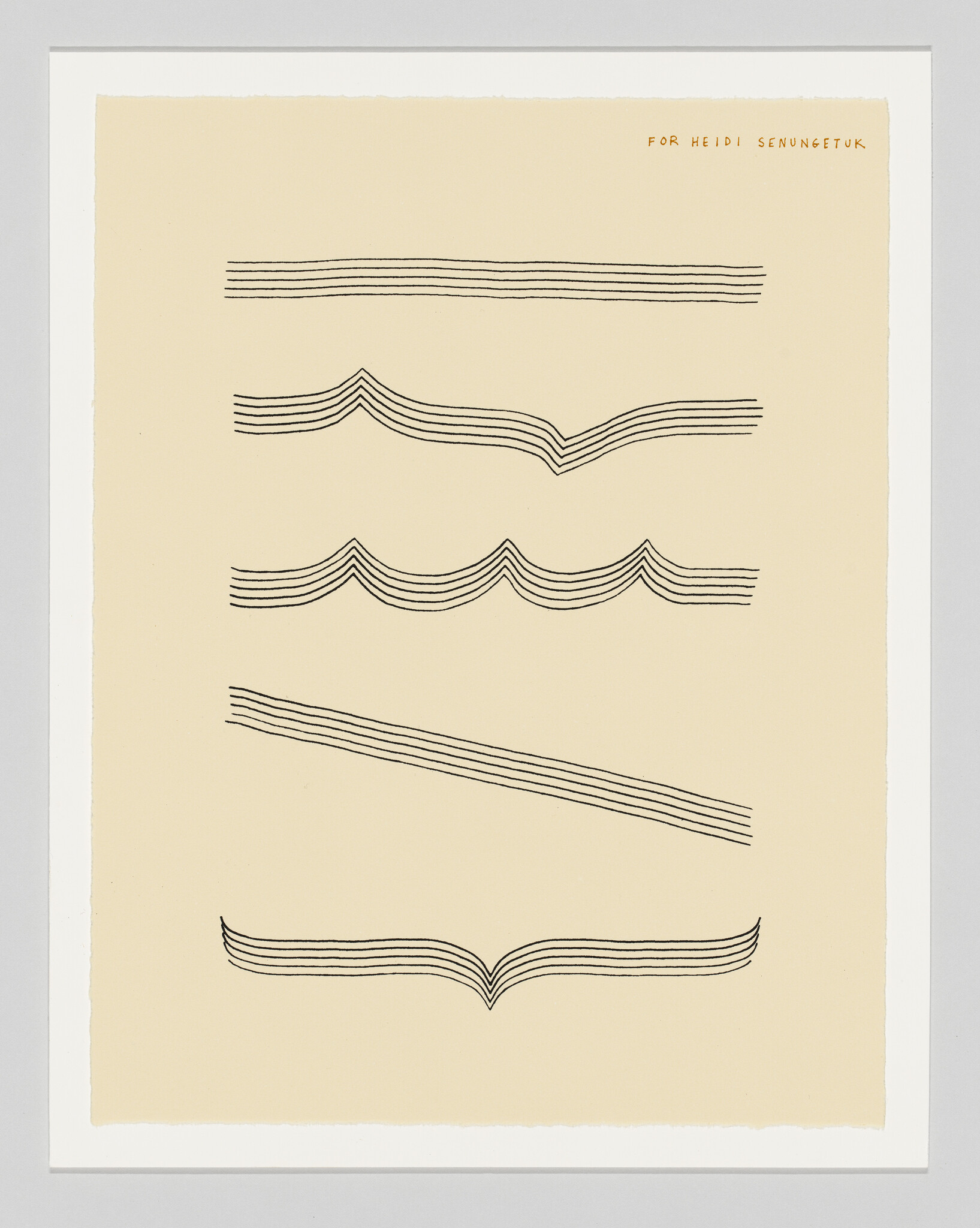 Seven sets of black parallel wavy lines arranged vertically on beige paper with white border.