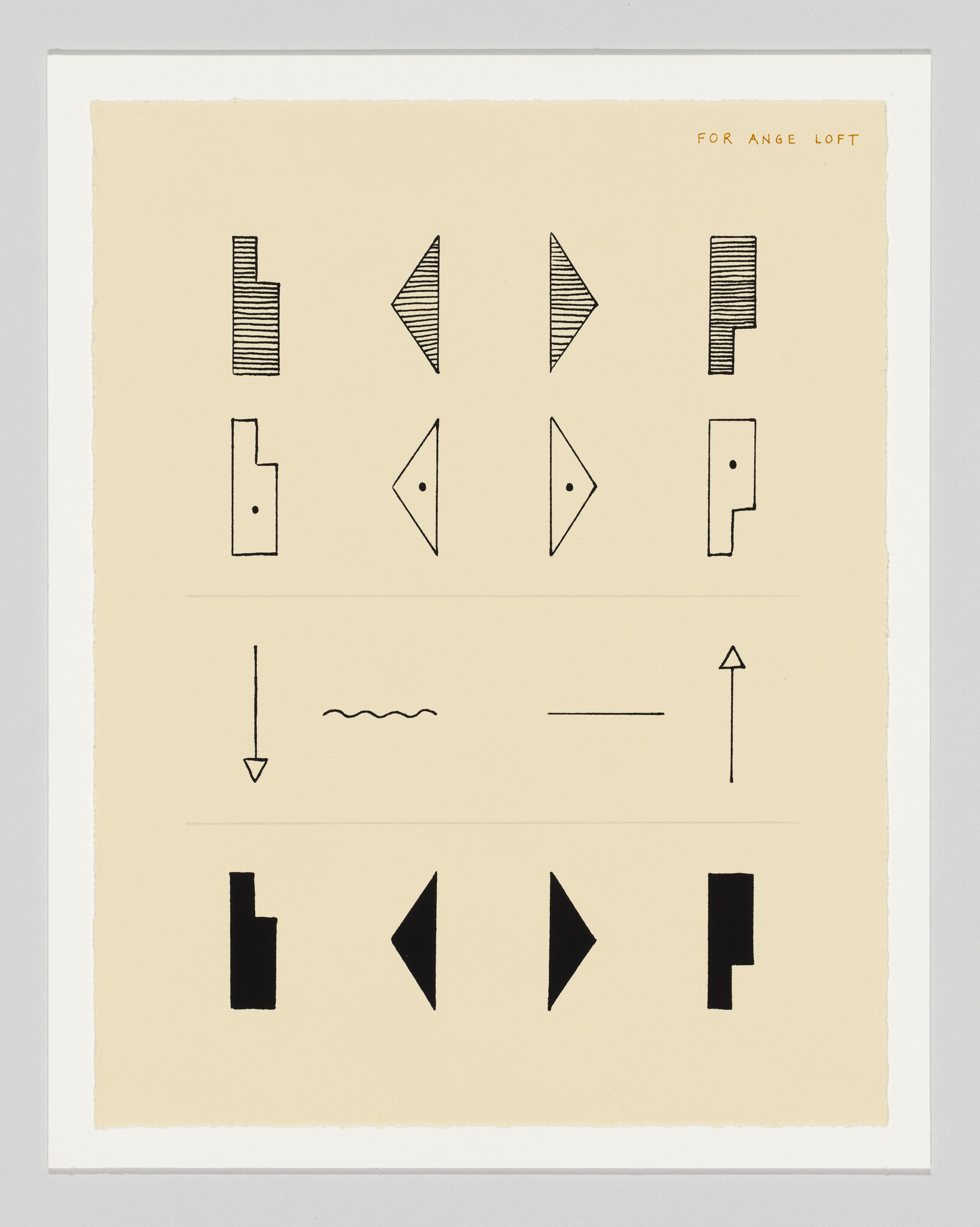 Beige poster showing rows of black geometric shapes and arrows arranged in a grid.