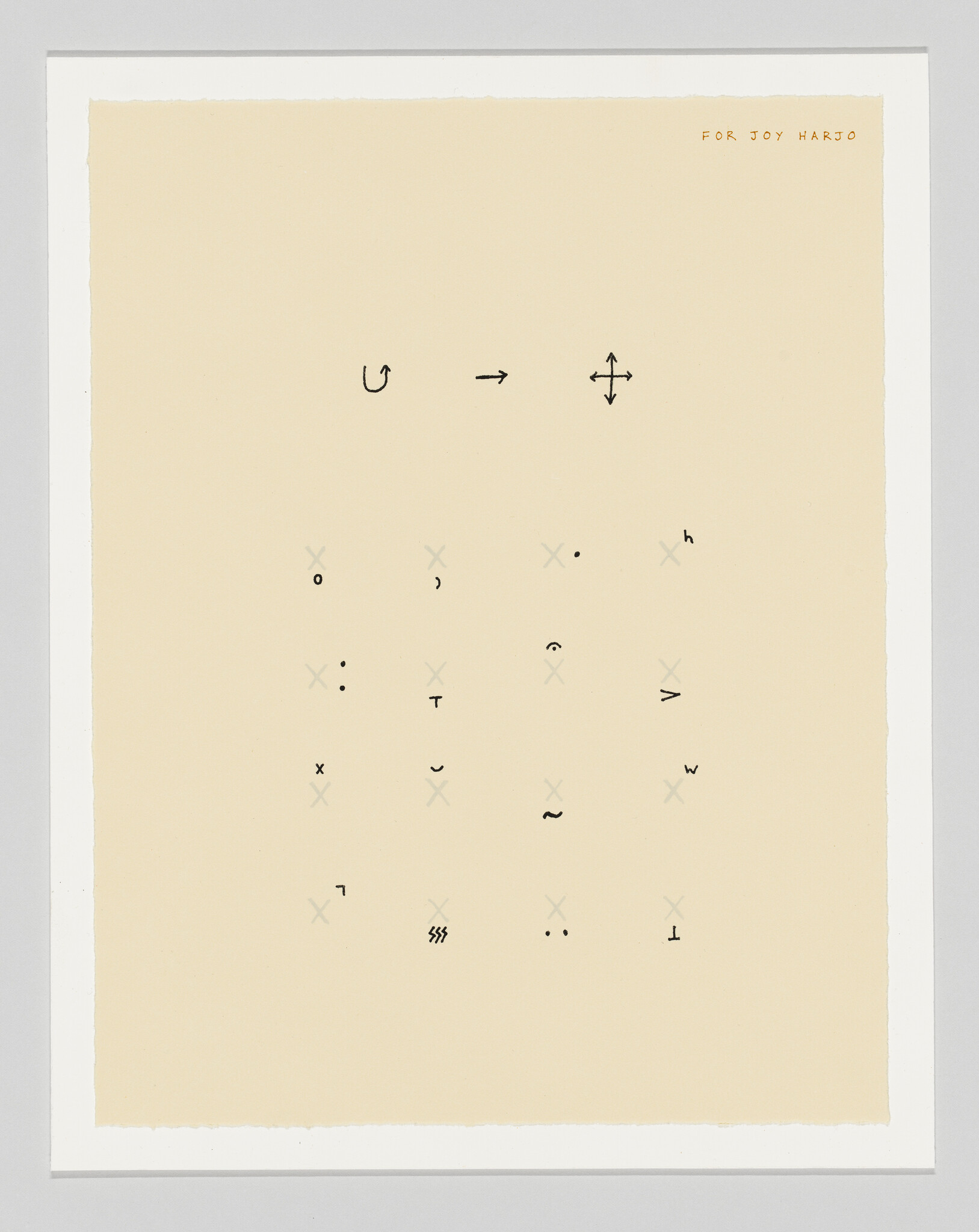 Minimal beige print with small black symbols arranged in a grid and the dedication "For Joy Harjo".