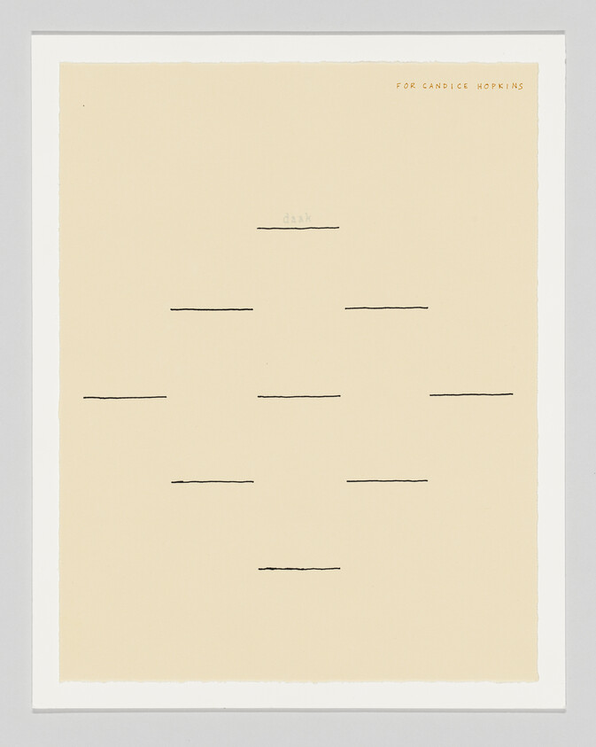 Beige poster with nine short black horizontal lines arranged in a loose grid.