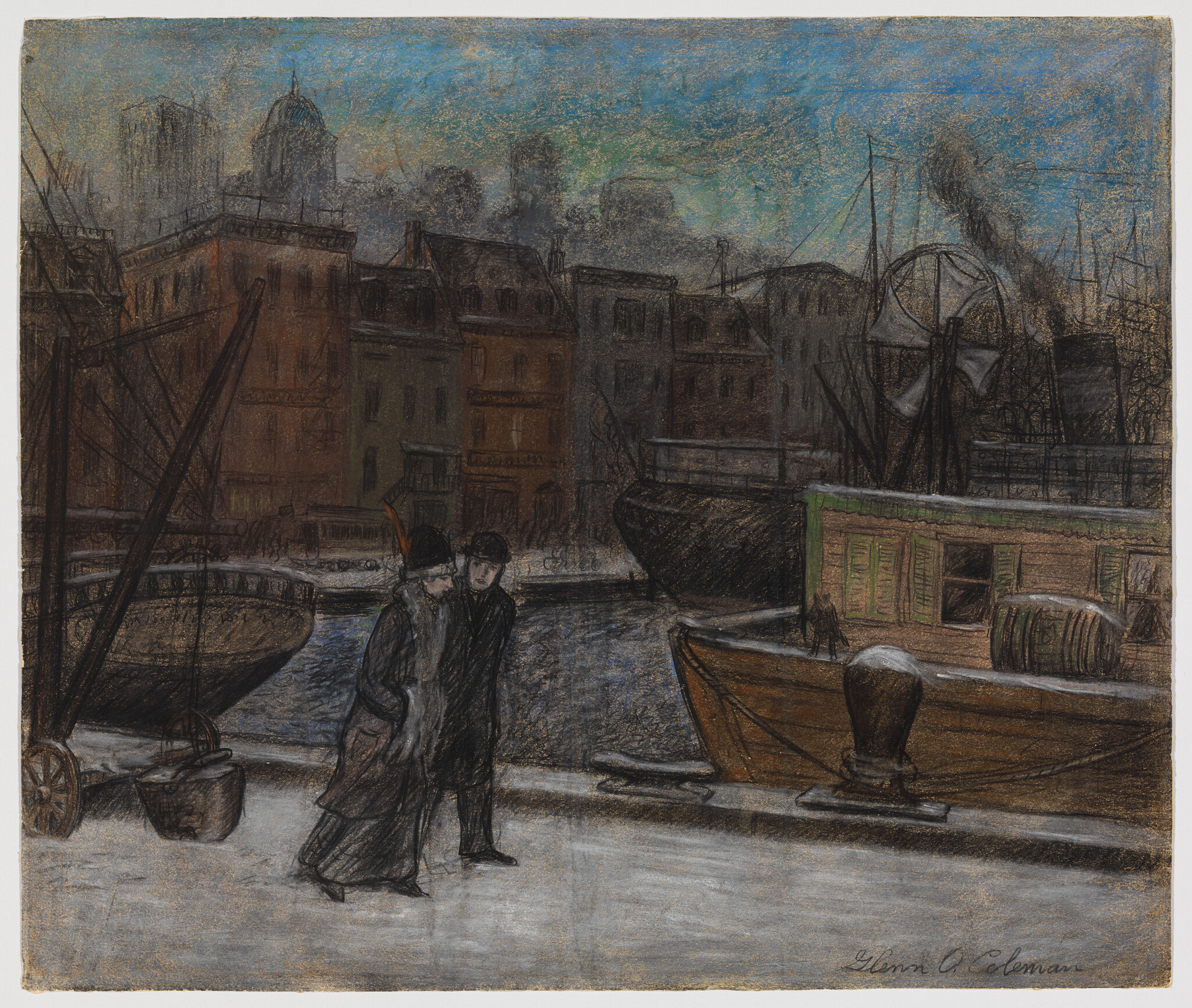 An older woman and a man walk together along a snowy dock beside moored boats at dusk.