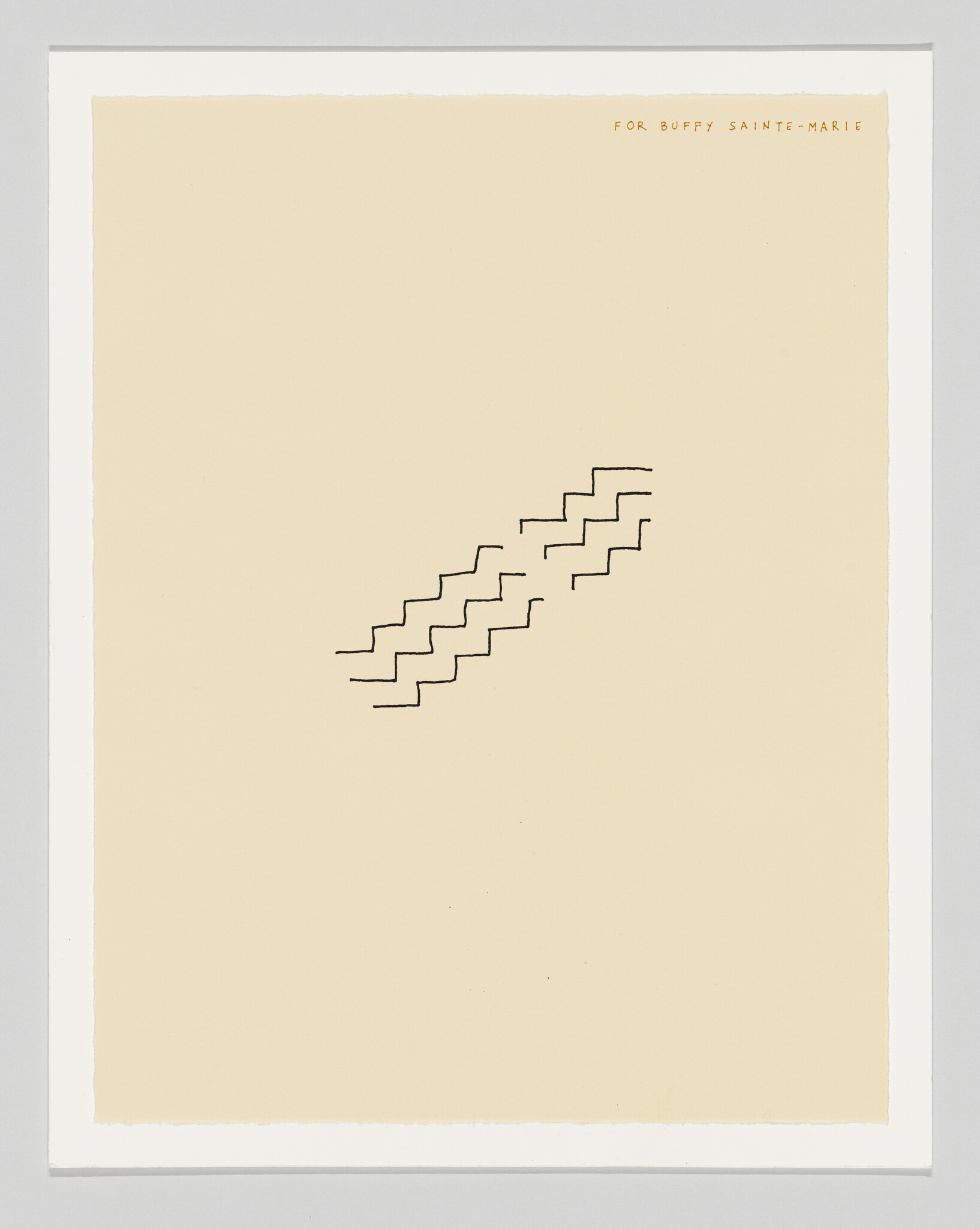 Black stepped zigzag lines are centered on a beige sheet with small dedication text at top.