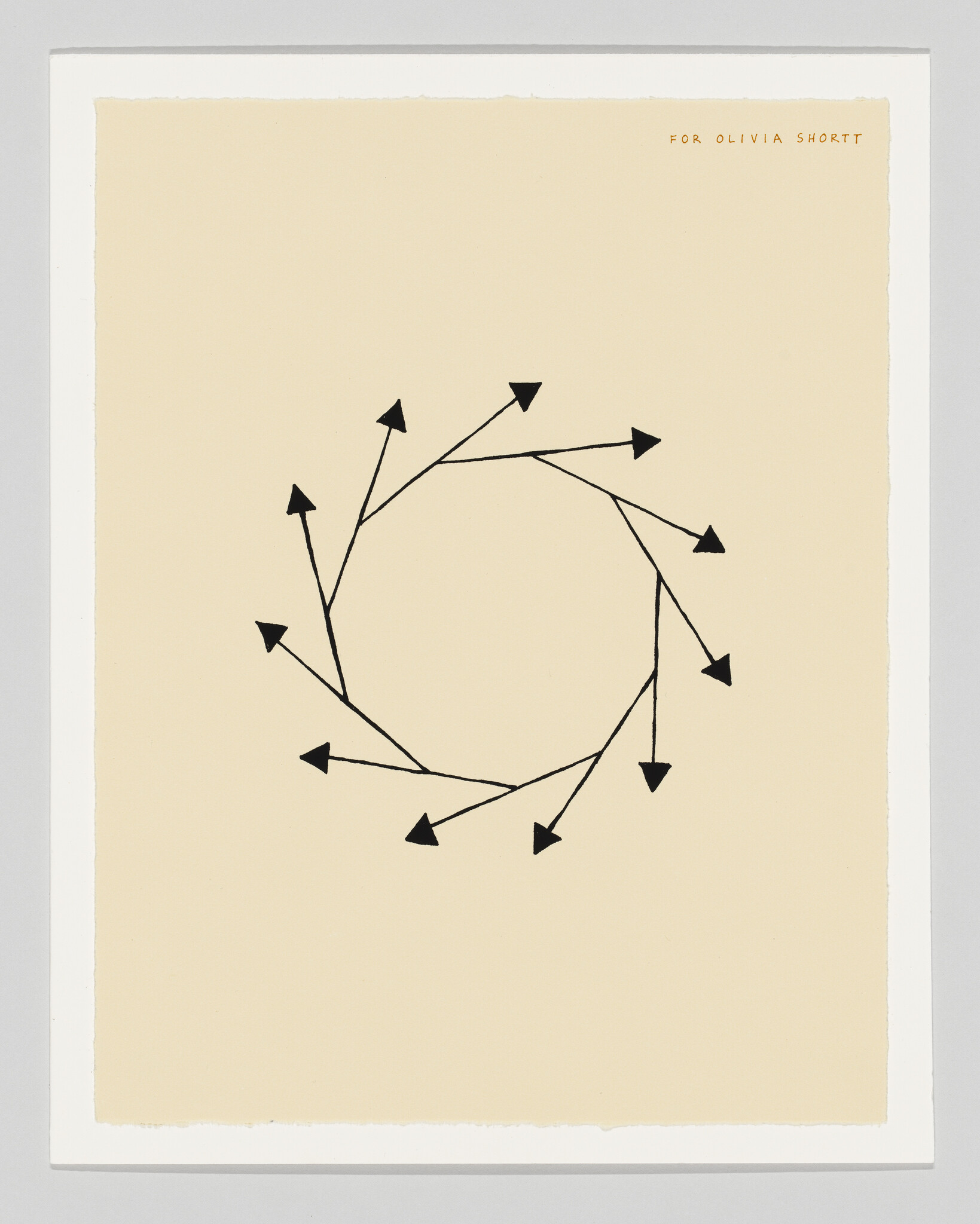 Black arrows form a loose circular wreath on beige paper with dedication text at top.
