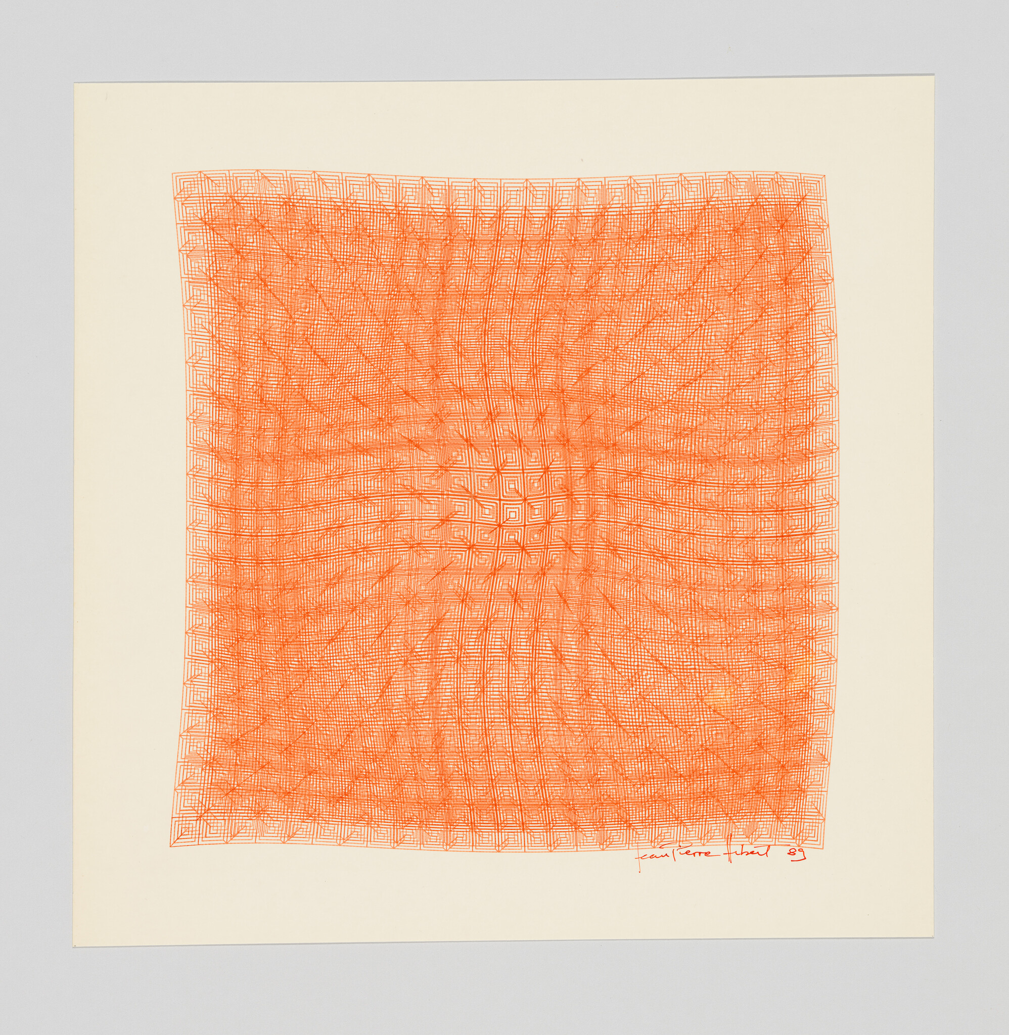 Complex orange geometric grid radiates from center on a square cream sheet of paper.