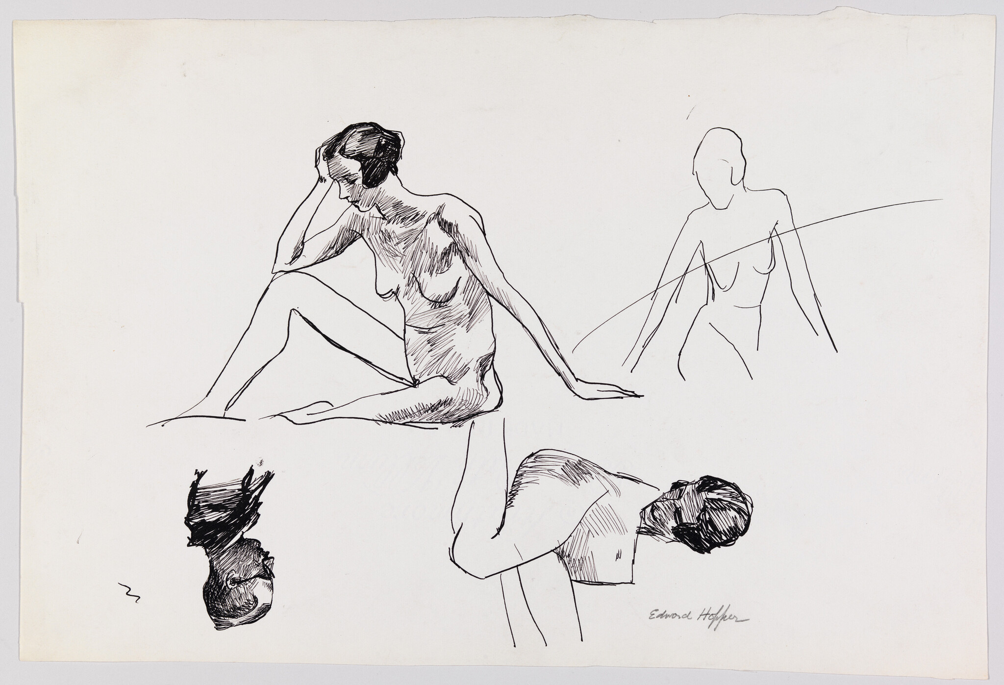 Ink sketches of a nude woman sitting, leaning, and reclining in three different poses.