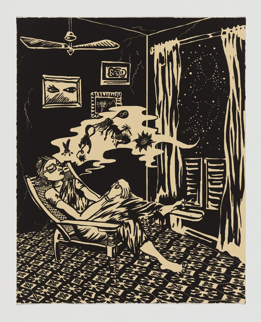 A woman reclines in a chair smoking as dreamlike smoke forms creatures toward the night sky.