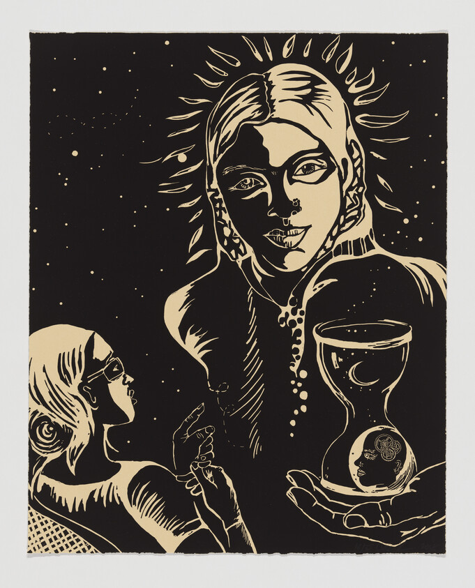 A large haloed figure holds an hourglass while a smaller person reaches toward it.