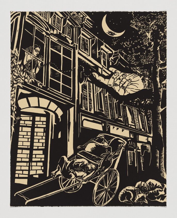 A giant hand extends from a building at night while a person watches from a window.