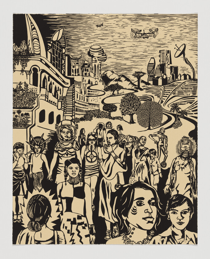 A diverse crowd of people walks toward a futuristic cityscape with flying vehicles overhead.