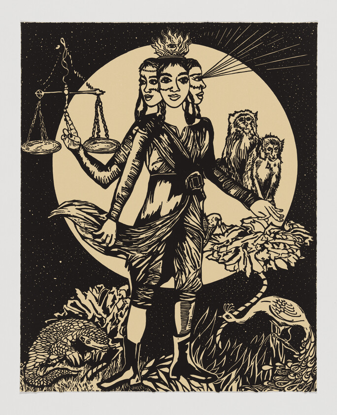 Three-faced woman wearing a crown holds scales and plants surrounded by animals under a full moon.