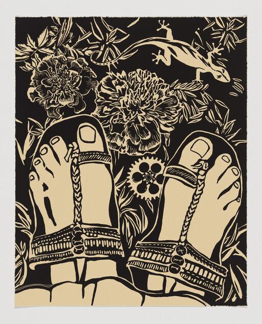 Feet in braided sandals standing among flowers with a small lizard crawling nearby.
