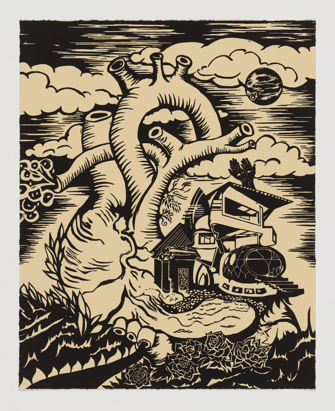 Large stylized heart with tree-like vessels surrounding a house and garden under cloudy sky.