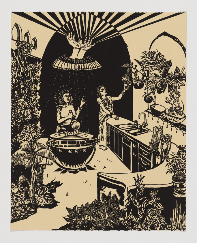 Two people tending plants and a large steaming pot under light beams in a plant-filled kitchen.