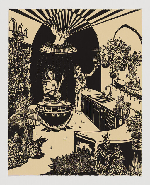 Two people tending plants and a large steaming pot under light beams in a plant-filled kitchen.