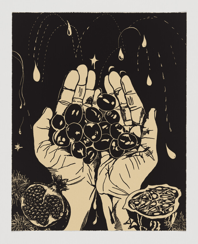 Two hands hold a bunch of round fruit, with a pomegranate and another sliced fruit nearby.