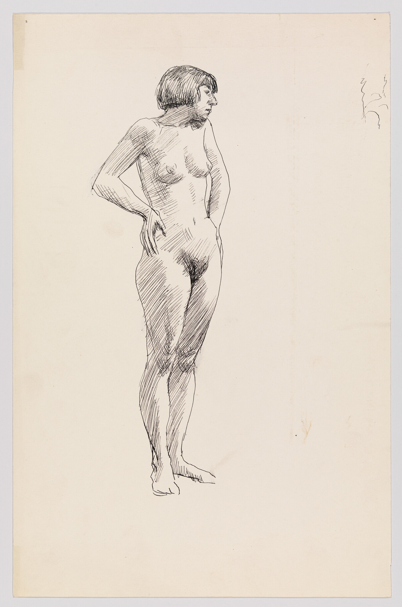 A standing nude woman with short hair and hands on her hips looking to the right.