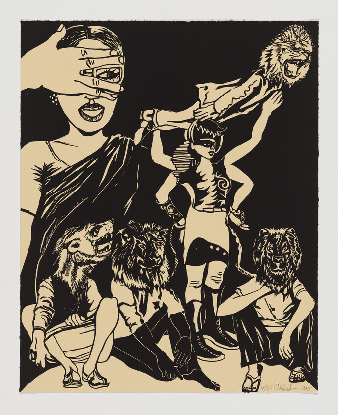 Group of masked figures with lion heads and a central woman holding a limp lion-headed person aloft.