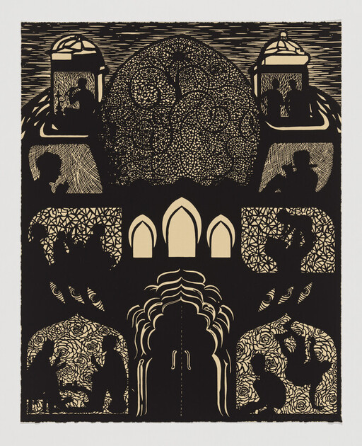 Ornate black paper-cut depicts an arched palace facade with patterned dome and silhouetted figures in panels.