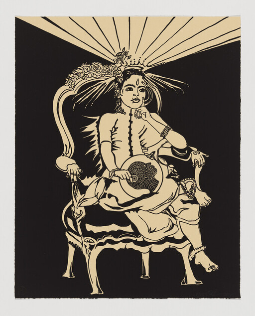 Crowned woman sits on an ornate chair holding a patterned disc while rays shine behind her.