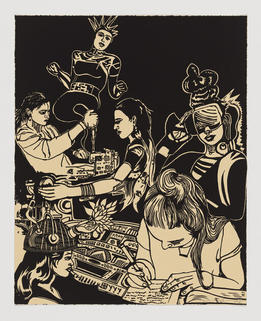 Several women collaborate on music and writing, operating mixers, synthesizers, and taking notes.