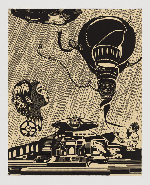 A man pulls ropes to control a large floating airship above a stylized city while a floating head watches.