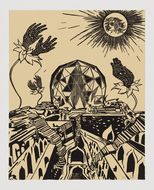 A large geometric dome rises above ruined stairways while floral hands with eyes reach toward a sun.