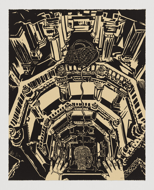 Hands reach into an ornate spiraling well toward a suspended rope connected to a carved head.