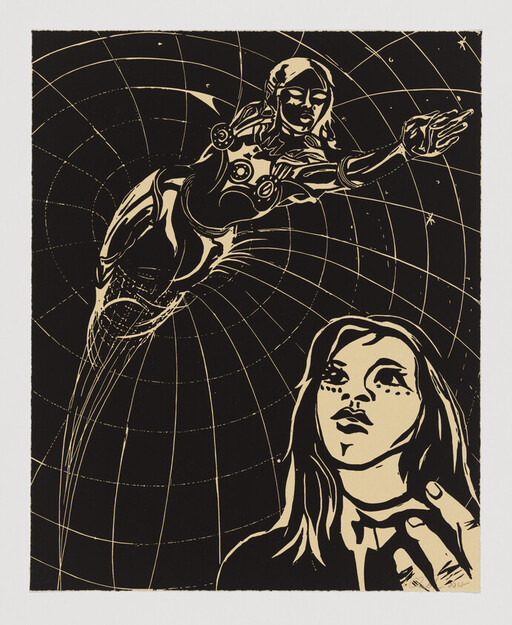 A woman looks upward while a futuristic figure dives through a grid-like star field.