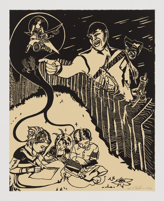 Three children sit on the grass reading while angry adults gesture menacingly over a fence.