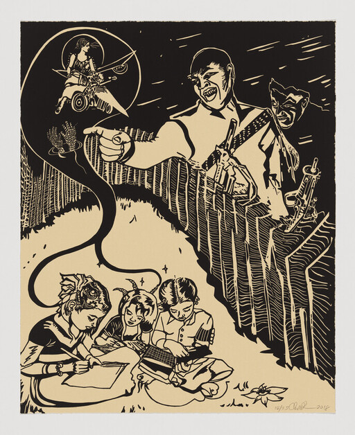 Three children sit on the grass reading while angry adults gesture menacingly over a fence.