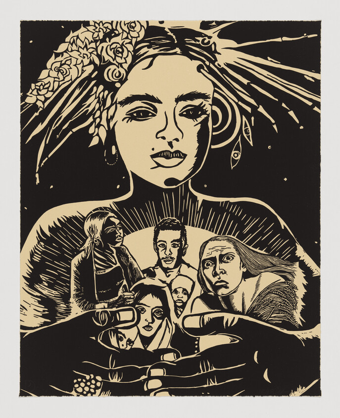 A large woman with flowers in her hair cradles several smaller people in her hands.