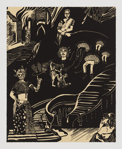 Woman in sari overlooks surreal scene of masked dancer, floating brains with legs, and winding staircase.