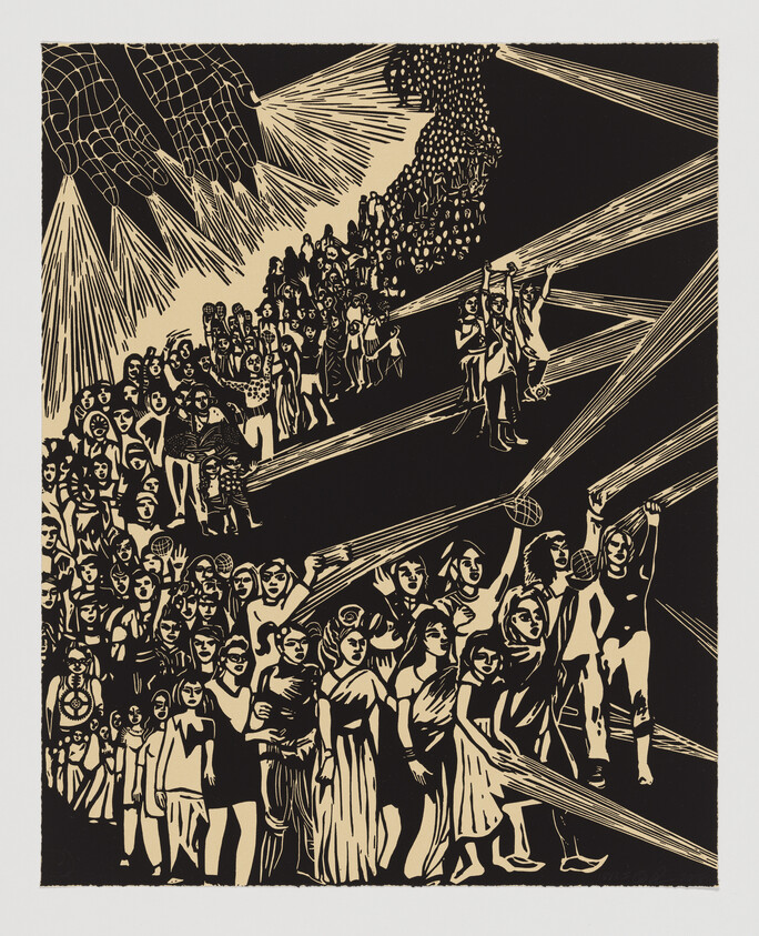 A large crowd of women marching under beams of light with a giant hand above.