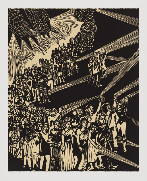 A large crowd of women marching under beams of light with a giant hand above.