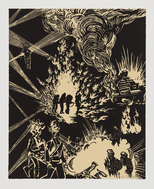 Soldiers and figures surrounded by explosions, burning flames, and a smoking tank in a chaotic battle scene.