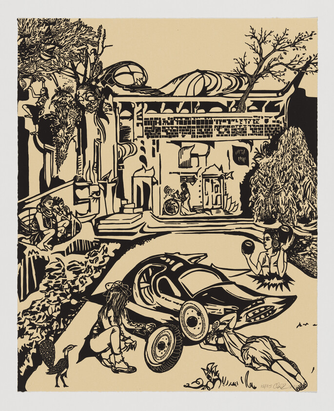 A futuristic car sits disabled in a courtyard as people inspect and lounge nearby.