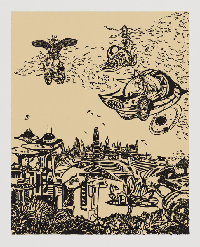 People ride flying vehicles above a futuristic city with tall buildings, plants, and many birds in the sky.