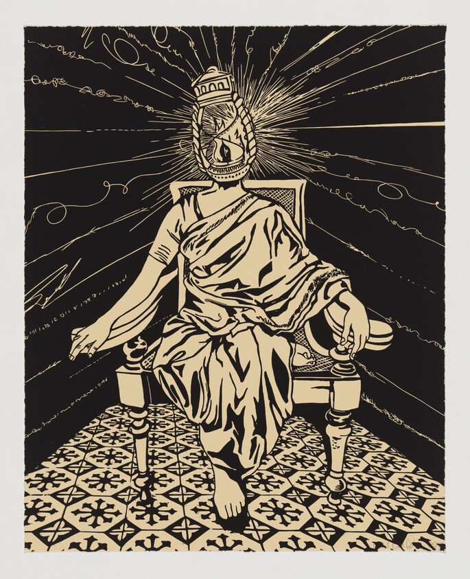 A robed figure sits on a throne with a lantern for a head radiating bright light.