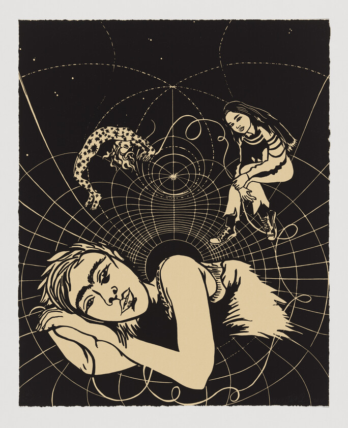 A person lies resting in the foreground while two figures float above against a geometric web.