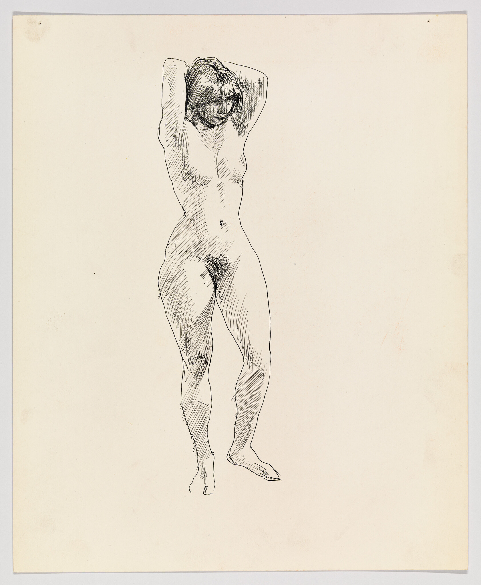Standing nude woman with arms raised behind her head, drawn in simple pen sketch.