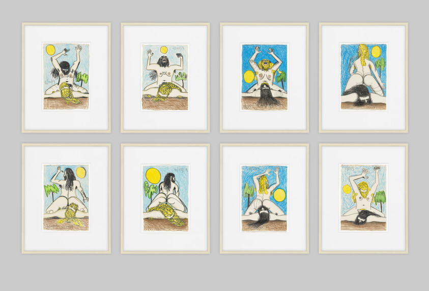 A collection of eight framed drawings displayed in two rows of four, depicting various whimsical scenes with a central figure in different poses interacting with elements such as the sun, trees, and birds, all rendered in a childlike, colorful style.