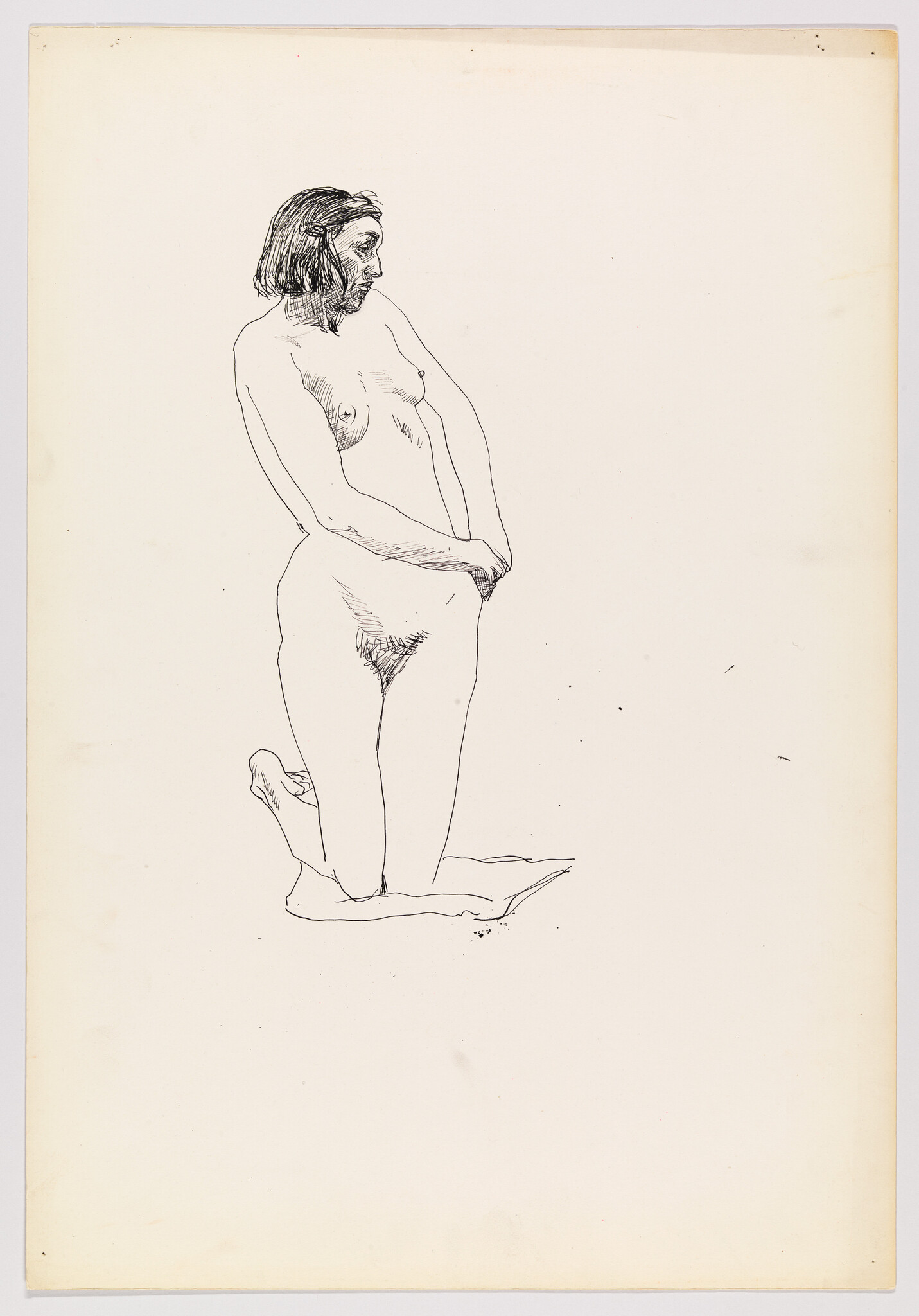 A nude woman kneels on a cloth with hands clasped, looking to her left.
