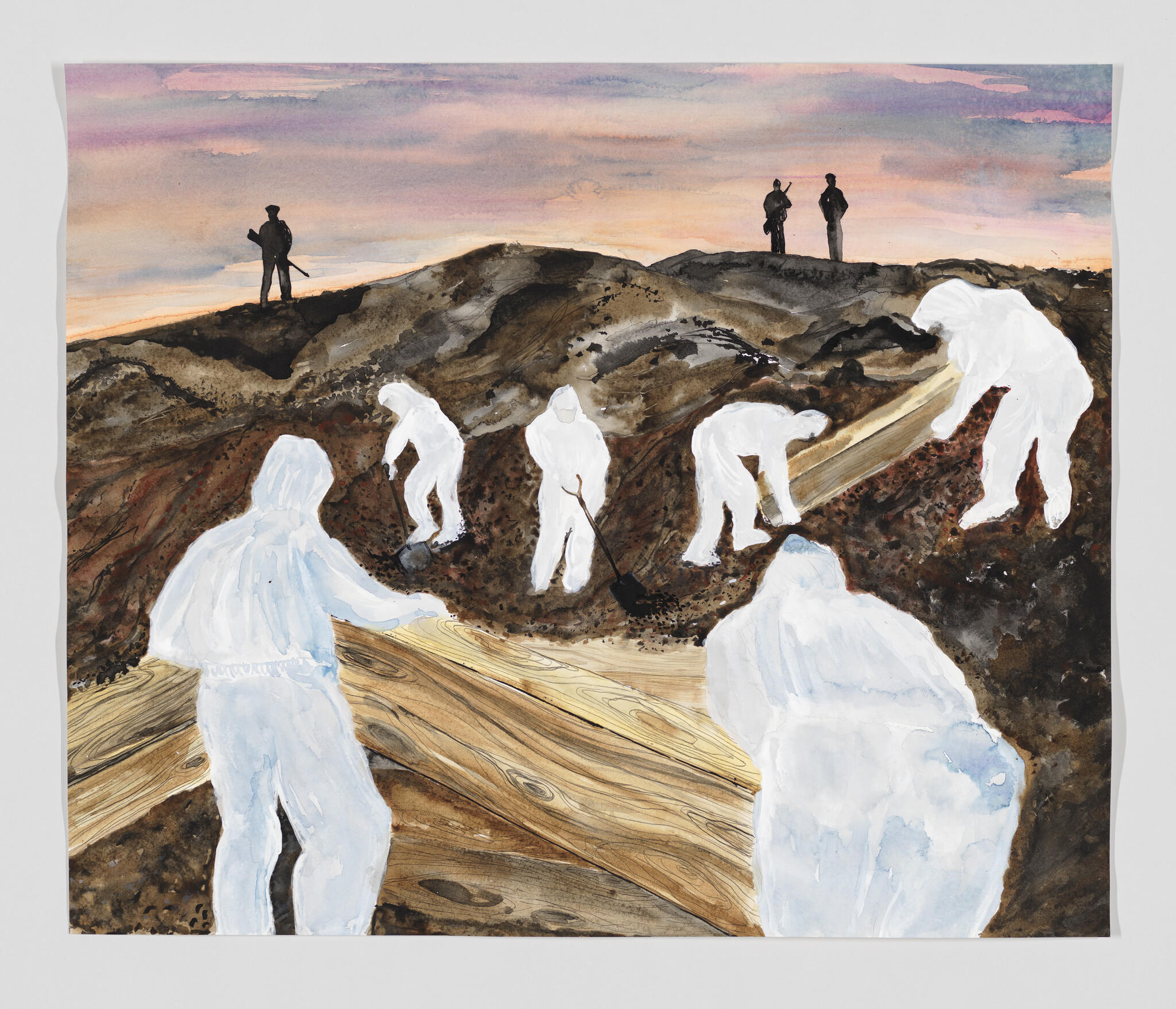 Six people in white suits dig and move wooden planks, while three armed figures stand on a hill at sunset.