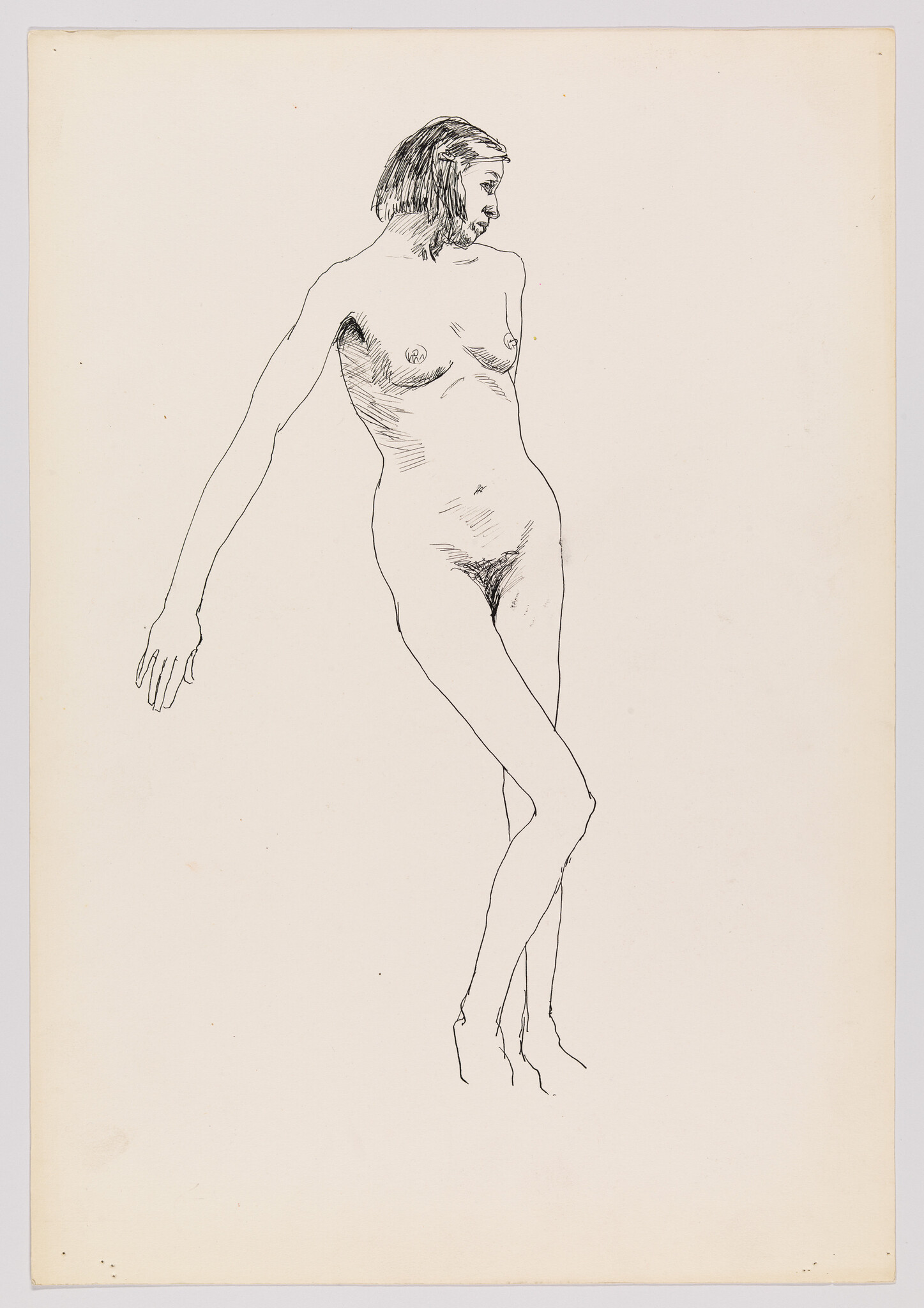 A pen drawing shows a standing nude woman with her head turned, arm extended, and legs crossed.